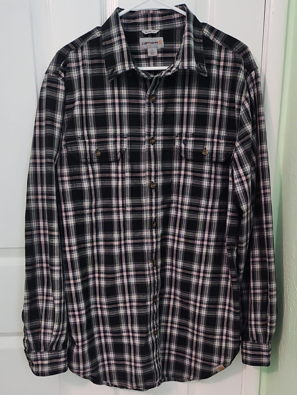 Carhartt Shirt Mens Large TALL Relaxed Fit Plaid Button Up Black Gray Cotton